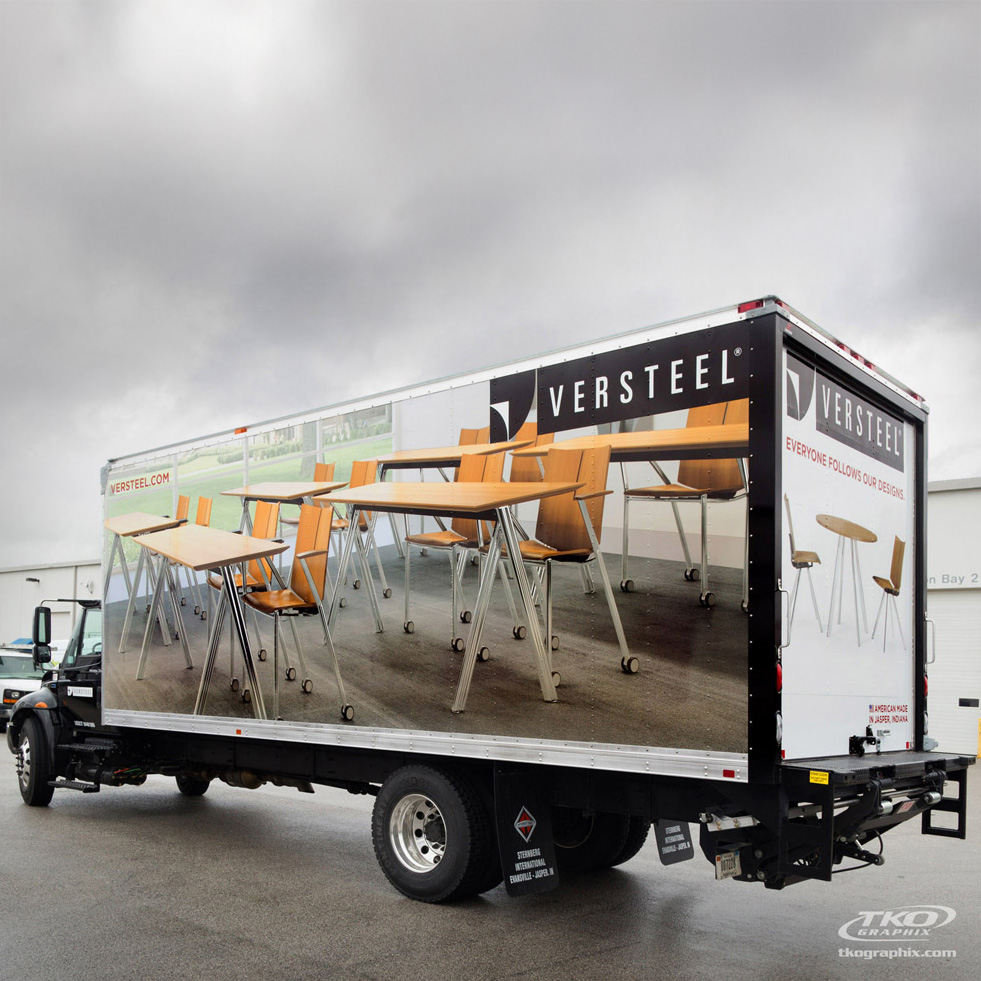 Box Truck Wraps-Truck displaying Versteel furniture advertisement