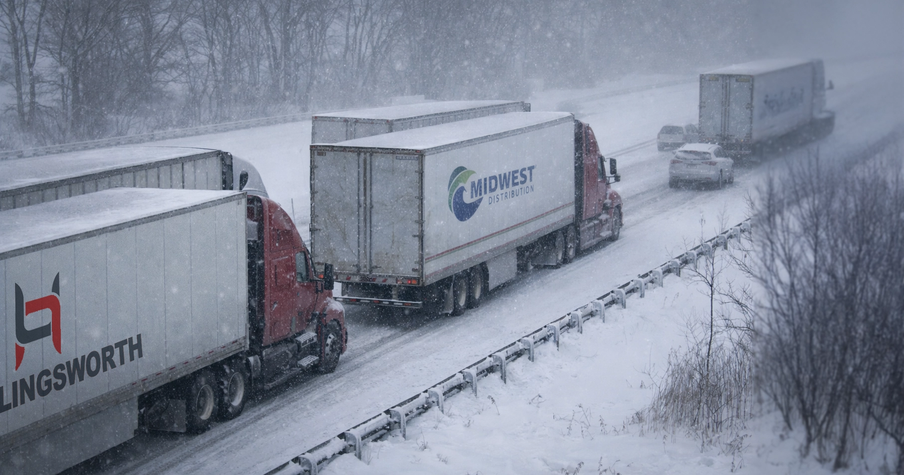 Winter fleet graphics checklist. Trucks on highway in snow